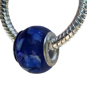 European Glass Bead  - Dark Blue translucent with White Petal accent - September Birthstone color