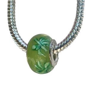European Glass Bead  - Translucent Light Green with deep Floral ornament - August Birthstone color