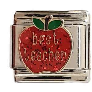 Italian Charm Bracelet Stainless Steel 9mm - Best Teacher - Red Apple with sparkles