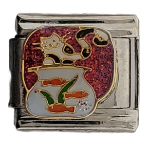 Italian Charm Bracelet Stainless Steel 9mm - Cute Cat fishing in a fish bowl