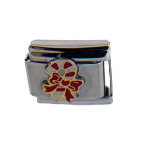 Italian Charm Bracelet Stainless Steel 9mm - Christmas Cane red and white with beautiful bow - holiday spirit